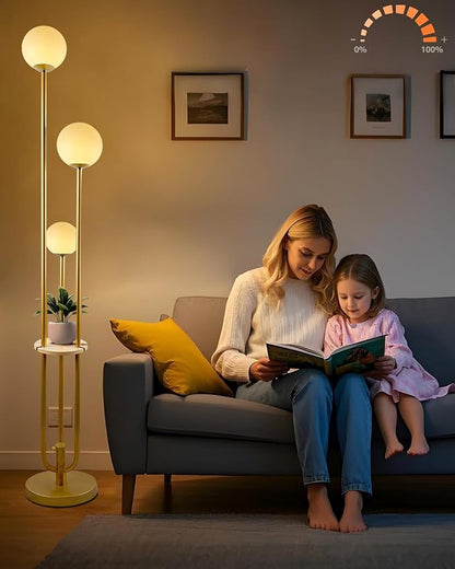 Lightdot 63IN Dimmable Gold Floor Lamp with Shelf Mid Century Standing Lamps with 3000K Bulbs Included Modern Globe Floor Lamp with 5Lbs Heavy Base for Living Room/Party/Sofa Beside/Corner Decor