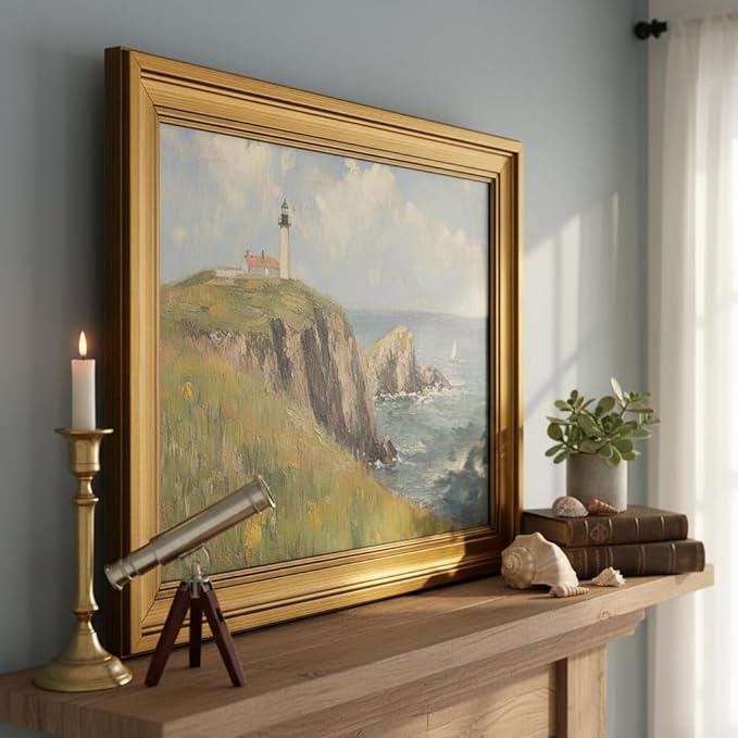 Vintage Gold Framed Canvas Wall Art, Island Lighthouse Poster Artwork, Nature Ocean Landscape Print Picture, Seascape Painting Wall Decor, for Living Room, Bedroom, Home Decoration, 16x24in