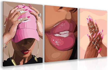 Hianan Fashion Black Girl Canvas Wall Art Modern Trendy African American Black Woman Poster Prints Pink Abstract Black Girl Aesthetic Pictures for Living Room Framed Ready to Hang 16"x24"x3