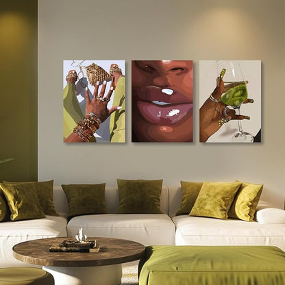 Hianan Black Girl Canvas Wall Art Set of 3, Framed African American Woman Wall Decor, Fashion Black Women Poster Prints, Abstract Black Girl Aesthetic Pictures for Living Room Bedroom 12"x16"