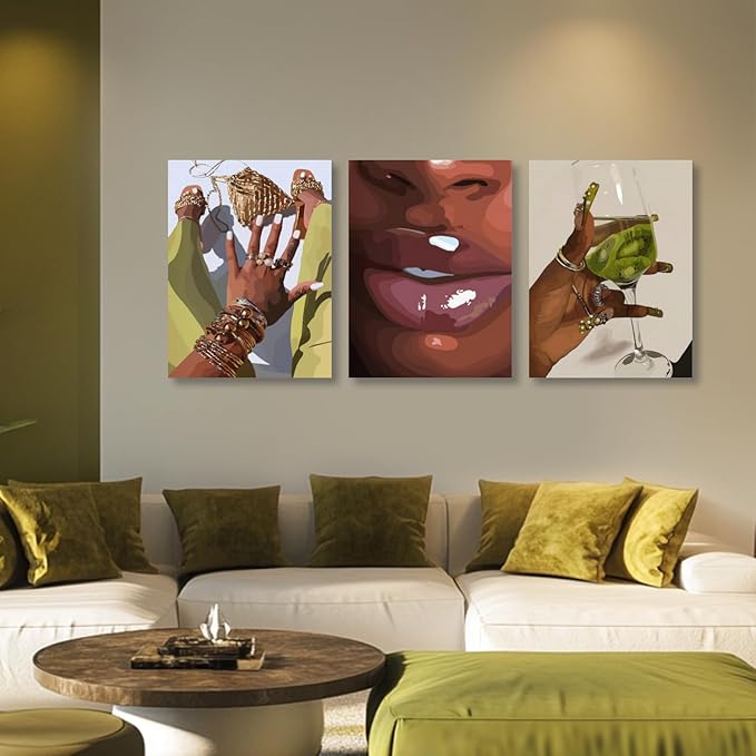 Hianan Black Girl Canvas Wall Art Set of 3, Framed African American Woman Wall Decor, Fashion Black Women Poster Prints, Abstract Black Girl Aesthetic Pictures for Living Room Bedroom 16"x24"