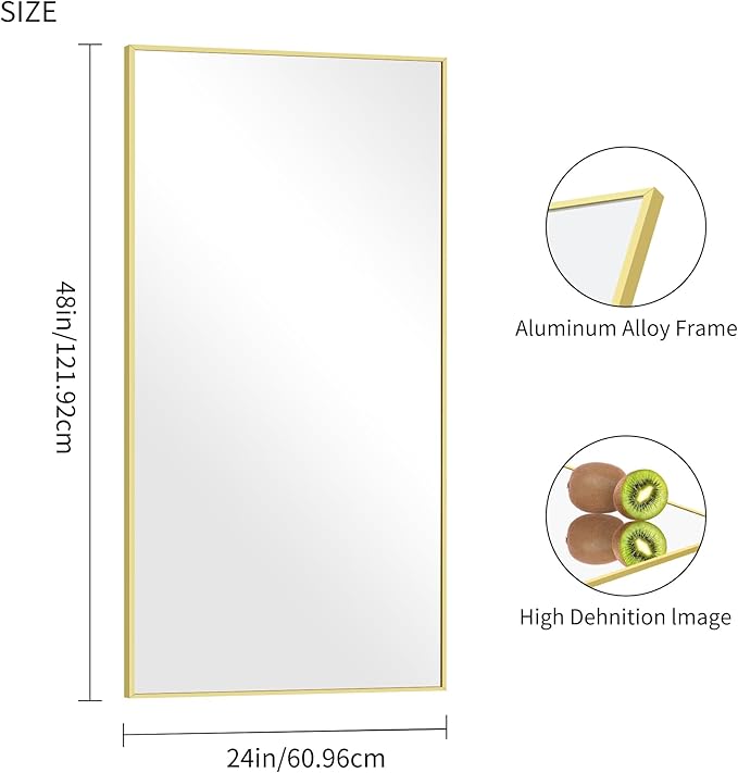 COFENY 48x24In Gold Bathroom Mirror for Wall, Brushed Gold Rectangle Mirrors with Metal Frame, Bathroom Rectangular Mirror Modern Wall Mirror for Bedroom Living Room, Hangs Horizontal or Vertical