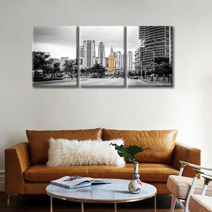 TUMOVO American Cityscape Canvas Wall Art Miami USA Downtown City Skyline Artwork Pictures Black and White Wall Art 3 Panel Posters and Prints Framed Ready to Hang (36" Wx16 H)
