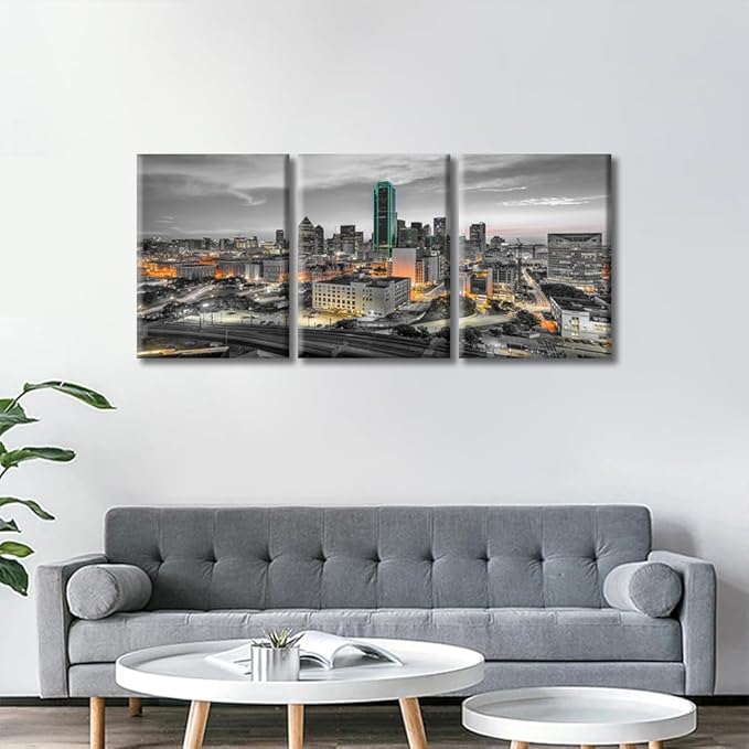 TUMOVO Dallas Texas USA Downtown Skyline Modern Home Decor 3 Panels Skyscrapers Nighttime Lightscape Pictures Canvas Wall Art for Bedroom, Living Room, Office. Ready to Hang (36" Wx16 H)