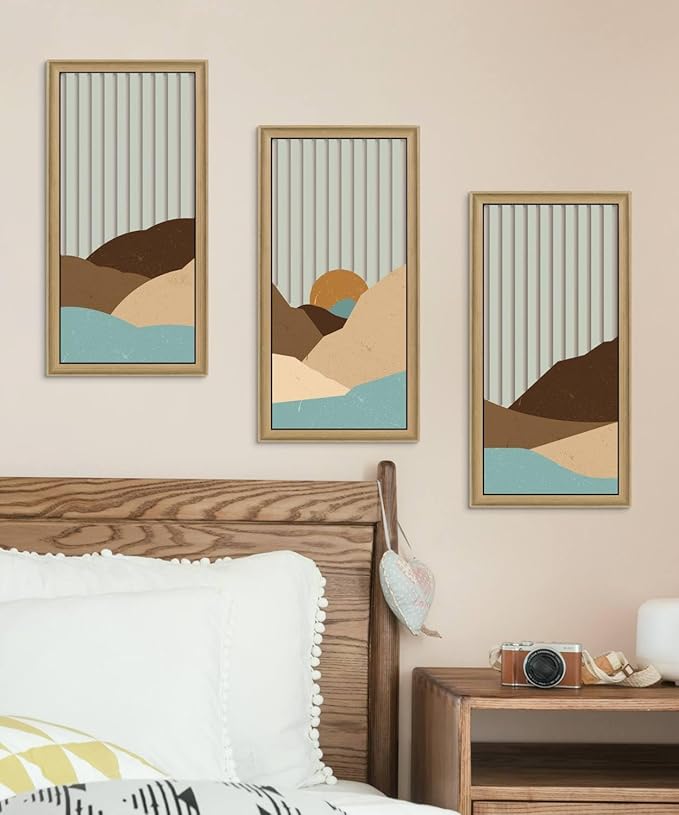 Putuo Decor Boho Mountain Wall Decor Set of 3, Mid Century Modern Wall Art Abstract Landscape Artwork with Sunset Striped Background Wall Hanging Sculptures for Living Room Bedroom Office 16x8in
