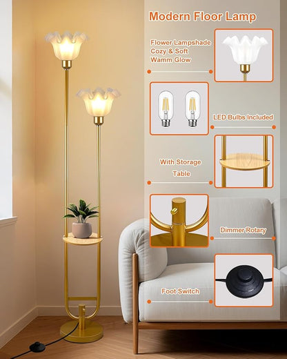 Dimmable Flower Floor Lamps with Table, 2-Lights Dimmable Floral Floor Lamp, 3000K Warmwhite Modern Floor Lamp, Vintage Gold Standing Lamp with 5Lbs Heavy Base for Living Room Bedroom