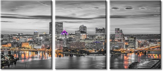 TUMOVO Pittsburgh City Skyline Home Decor Art Prints American Cityscape Pictures Bathroom Decor Wall Art 3 Panel Pittsburgh Skyscrapers Nighttime Lightscape Wall Art Framed Ready to Hang (36" Wx16 H)