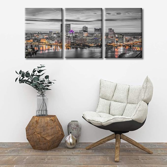 TUMOVO Pittsburgh City Skyline Home Decor Art Prints American Cityscape Pictures Bathroom Decor Wall Art 3 Panel Pittsburgh Skyscrapers Nighttime Lightscape Wall Art Framed Ready to Hang (36" Wx16 H)