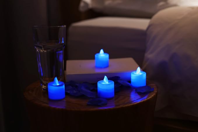LANKER 500 PCS Blue Artificial Rose Petals with 24 PCS Bright Flickering Blue Flameless LED Tea Lights Candles (Blue Lights with Blue Rose Petals)