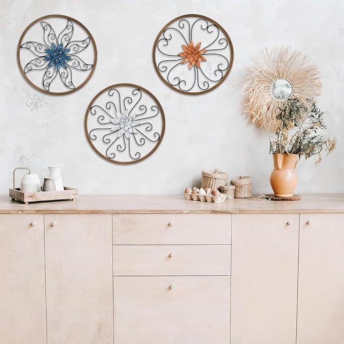 hogardeck Metal Flower Wall Decor - 3 pcs 11" Metal Wood Floral Wall Decoration with 6 Piece Interchangeable Flowers, Hanging Rustic Wall Art for Bedroom, Living Room, Bathroom, Kitchen