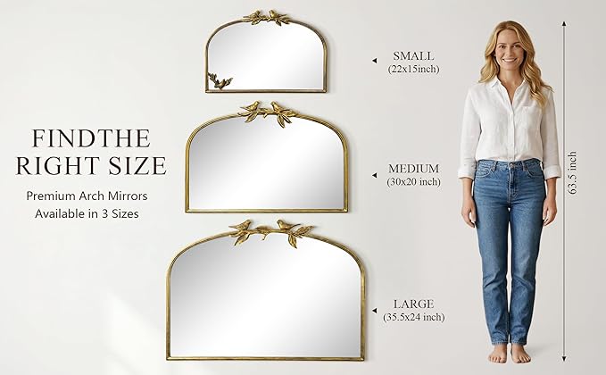 Antique Baroque Vintage Vanity Mirror 20x30Inch, Gold with Ornate Antique Frame, Arched Vintage Wall Mirror for Living Room, Fireplace, Entryway