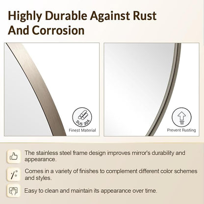 ANDY STAR Round Bathroom Mirror, 24’’ Brushed Silver Round Bathroom Mirrors in Stainless Steel Metal Frame 1" Deep Set Design