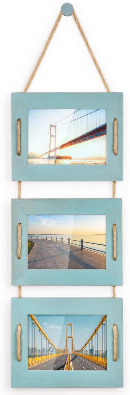DLQuarts 5x7 Hanging Picture Frames Collage Wall Decor, 3-Opening Photo Frames 5x7 without Mat & 3.5x5 with Mat, Rustic Wood 3 Photo Frames, Ocean Blue