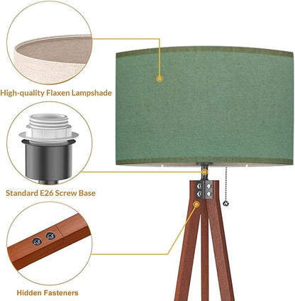Wood Tripod Floor Lamp Dark sage Green Felt Texture Abstract Modern Standing Lamp Linen Lampshade Dimmable Tall Lamp Mid Century Floor Lamp for Living Room Bedroom