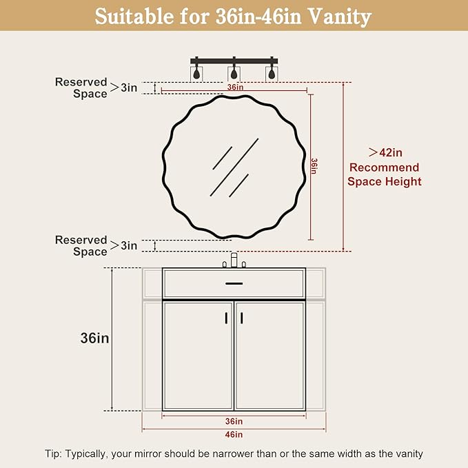 WallBeyond Round Wavy Mirror for Wall Decorative 36 inch, Modern Round Mirror Aluminum Frame for Bathroom Bedroom Living Room Home House Office Entryway, Black