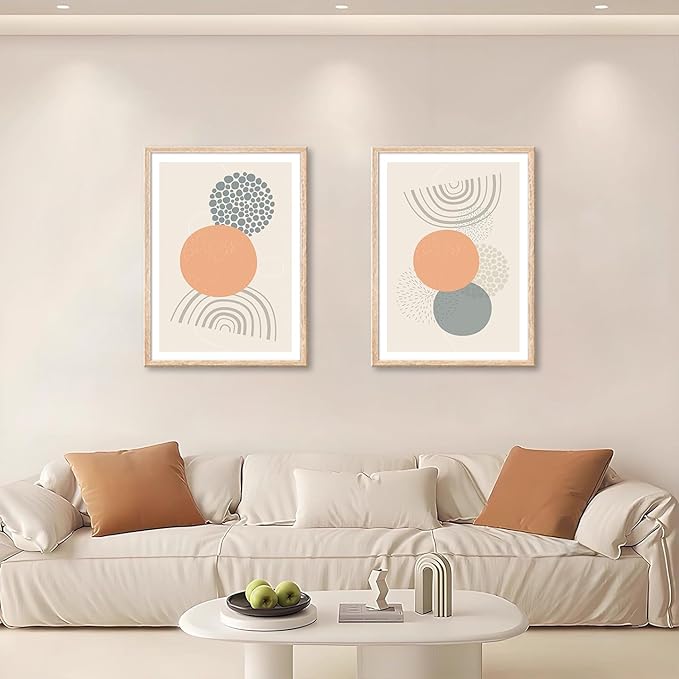 Framed Boho Wall Art Set of 2 Mid Century Modern Wall Decor, Bohemian Sun Geometric Painting, Abstract Canvas Art Print for Living Room Bedroom Dining Room Office Bathroom 12"x16"x2 Panels