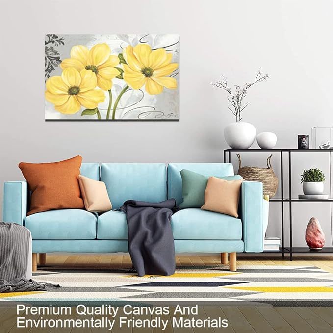 Yellow Flowers Wall Art Abstract Print Canvas Home Decor Pictures Poster for Bathroom Bedroom Living Room Office Large Painting Photo Framed Ready to Hang(12''H x 18''W)