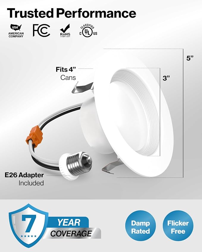 Sunco 10 Pack Retrofit LED Recessed Lighting 4 Inch, 3000K Warm White, Dimmable Can Lights, Baffle Trim, 11W=60W, 660 LM, Damp Rated - ETL.