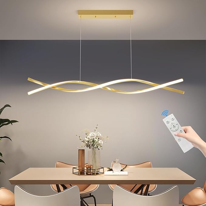Modern LED Ceiling Pendant Light, 39IN Gold Modern Chandelier with Remote Control 3000k-6500K Adjustable Color Temperature, Aluminum Island Lighting Lamp for Dining Room, Living Room, Island