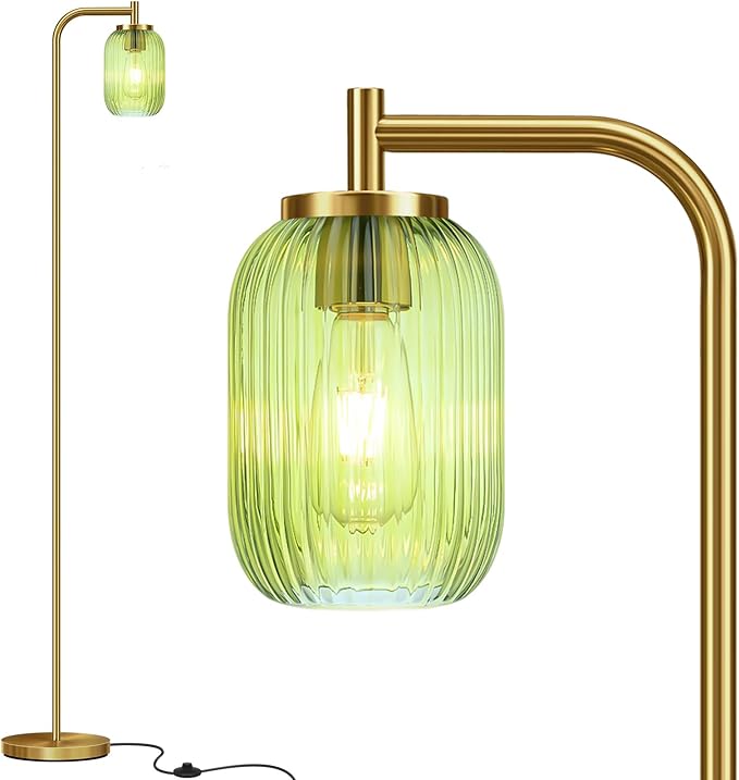 Vintage Glass Floor Lamp for Living Room, Bedroom, Modern Green Ribbed Glass Standing Lamp with Pedal Switch, 67'' Tall, Brushed Gold