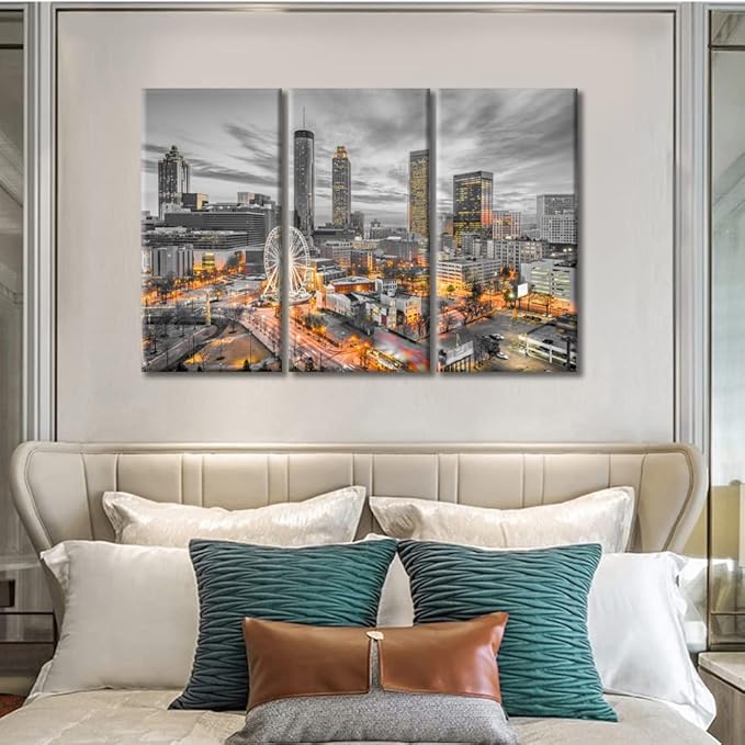 TUMOVO Atlanta Cityscape Pictures Bathroom Decor Wall Art 3 Piece American Skyscrapers Cityscape Pictures Black and White Wall Art City Skyline Office Decor Framed Ready to Hang (36" Wx24 H)
