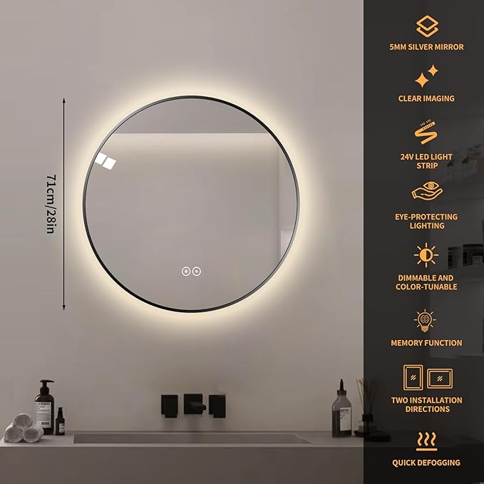 Round LED Bathroom Mirror with Gold Frame, 24V Backlight, 3 Color Temperatures, Dimmable, Memory Function, Defogging (Black Border, 28" L x 28" W)
