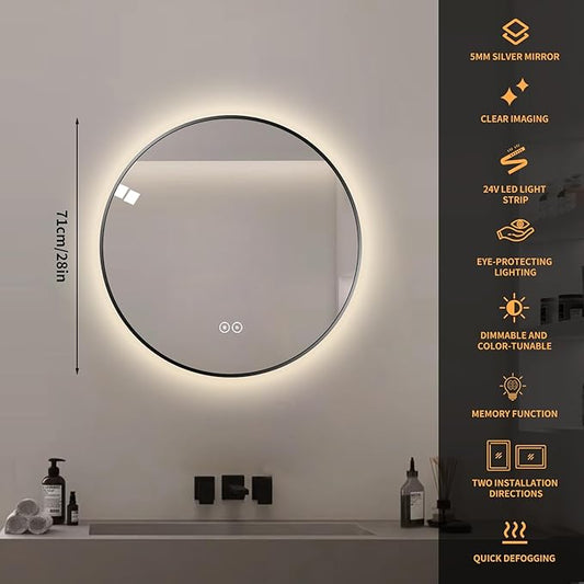 Round LED Bathroom Mirror with Gold Frame, 24V Backlight, 3 Color Temperatures, Dimmable, Memory Function, Defogging (Black Border, 28" L x 28" W)