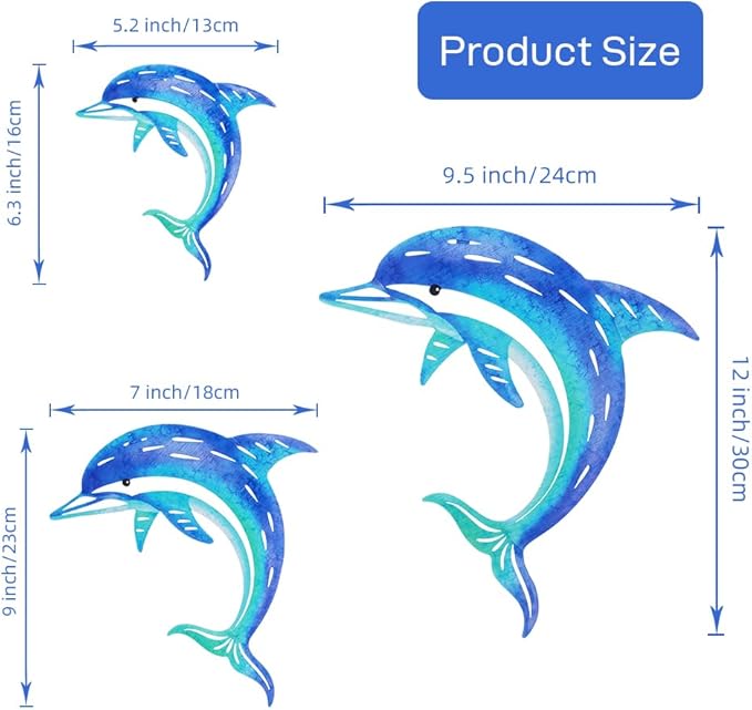 Dolphin Wall Decor Metal Fish Wall Decor Sea Coastal Outdoor Wall Art Metal Beach Ocean Decor For Bathroom Indoor Garden Yard Pool Outdoor Patio Kitchen (3 Pcs)