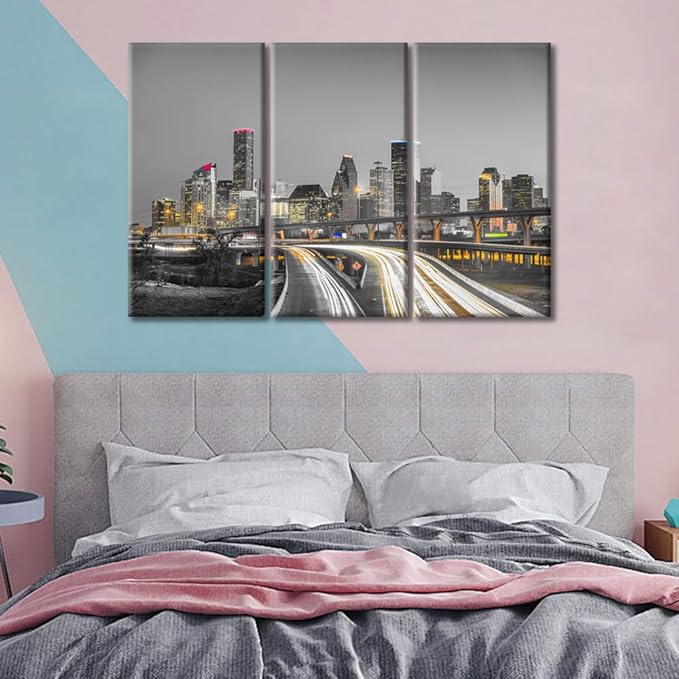 TUMOVO American Cityscape Wall Decor 3 Piece Houston Nighttime Lightscape Art Prints Wall Decor Living Room Beautiful Skyscrapers Skyline House Decor Framed Ready to Hang (36" Wx24 H)