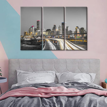 TUMOVO American Cityscape Wall Decor 3 Piece Houston Nighttime Lightscape Art Prints Wall Decor Living Room Beautiful Skyscrapers Skyline House Decor Framed Ready to Hang (36" Wx24 H)