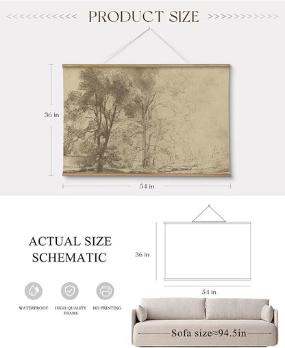 ARPEOTCY Extra Large Vintage Framed Wall Art, 36x54 Inch Two Sketch Trees Landscape Hanging Canvas Prints, Scroll Wall Art Decor for Living Room Bedroom, Retro Scenery Pictures Above of Bed
