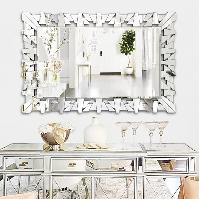 Rectangular Decorative Mirror with Glass Beveled Edge for Living Room Decor, 40" x 28" Modern Large Wall Mirror for Bathroom, Horizontal/Vertical Hanging, Unique