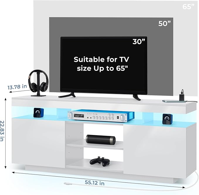 HOMMPA Modern LED TV Stand for 65/60/55 inch TV with Power Outlets, Gaming Console Storage Entertainment Center with LED Lights Game Cabinet for Living Room White