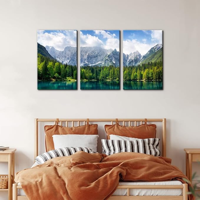 3 Pieces Nature Scenery Wall Art Decor Beautiful Landscape with Turquoise Lake Forest and Mountains Pictures Painting Print on Canvas Modern Artwork Stretched Framed Ready to Hang - 16"x24"x3 Panel