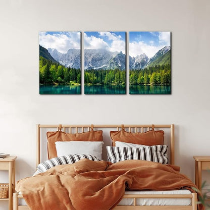 3 Pieces Nature Scenery Wall Art Decor Beautiful Landscape with Turquoise Lake Forest and Mountains Pictures Painting Print on Canvas Modern Artwork Stretched Framed Ready to Hang - 16"x24"x3 Panel