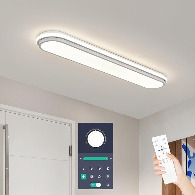 Smart LED Ceiling Light,36.2In Dimmable Modern Metal Linear LED Ceiling Lamp,Flush Mount Wraparound Shape Lighting Fixture with Remote Control for Kitchen Dining Room & Laundry 55W