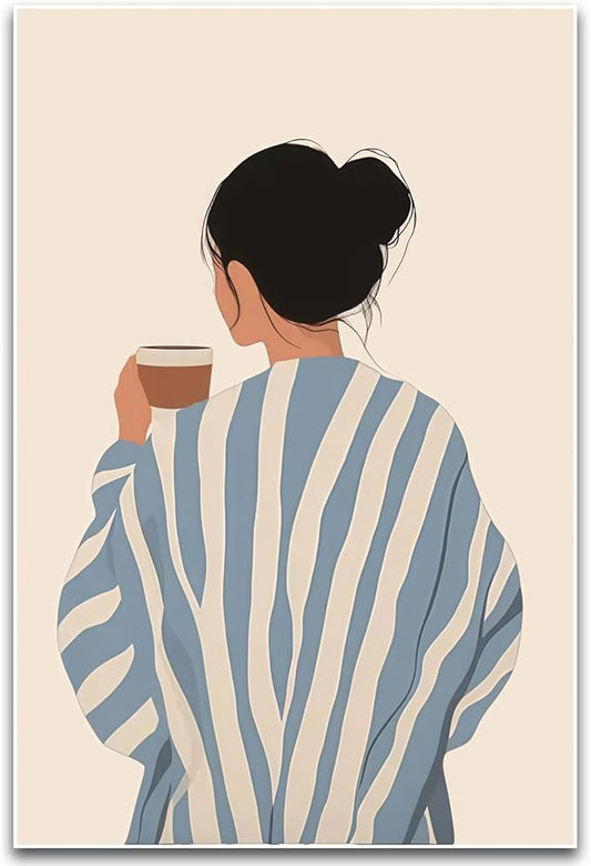 ZHBJSM Modern Minimalist Woman Wall Art Blue White Stripe Sweater Coffee Cup Soft Warm Tone Home Bedroom Living Room Kitchen Cozy Relaxed Inviting Interior Decor Accent Piece 16x24 Inch Unframed