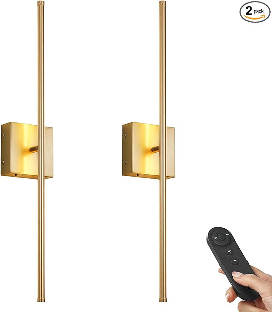 KARTOOSH Battery Operated Wall Sconces with Remote Control, Dimmable Wall Sconces Set of Two, 350°Rotate, 3000K LED Gold Wireless Wall Light for Living Room, Hallway, Bedroom, 28.3 Inch (2 Pack)