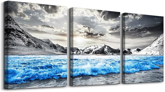 TTHYUEWS Canvas Wall Art For Living Room Modern Home Wall Decoration For Bedroom Office Wall Decor Black And White Beach Wall Paintings Blue Sea Wave Pictures Stretched and Framed Artwork 3 Piece