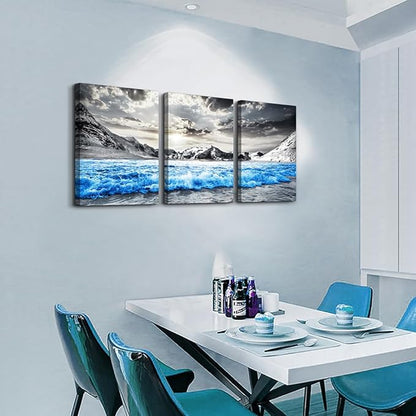 TTHYUEWS Canvas Wall Art For Living Room Modern Home Wall Decoration For Bedroom Office Wall Decor Black And White Beach Wall Paintings Blue Sea Wave Pictures Stretched and Framed Artwork 3 Piece
