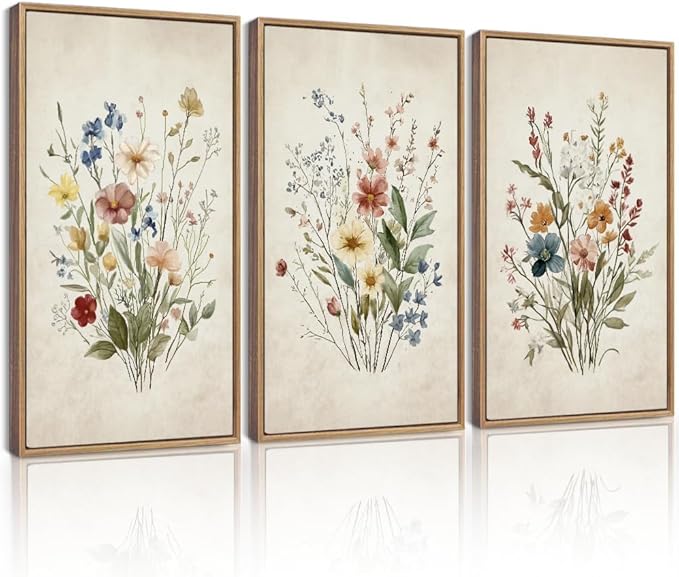 Drsoum Vintage Flower Bouquet Framed Retro Wildflower Botanical Pictures Prints Modern Colorful Floral Rustic Artwork Bedroom Living Room Ready to Hang 16x24in Natural Framed