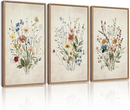 Drsoum Vintage Flower Bouquet Framed Retro Wildflower Botanical Pictures Prints Modern Colorful Floral Rustic Artwork Bedroom Living Room Ready to Hang 16x24in Natural Framed