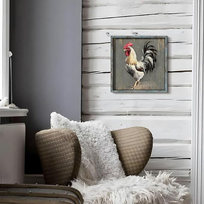 Rooster Wooden Wall Art Decor: Farm Cock Picture Country Animal Framed Artwork Rustic Farmhouse Chicken Painting for the Kitchen Living Room 16"x16"