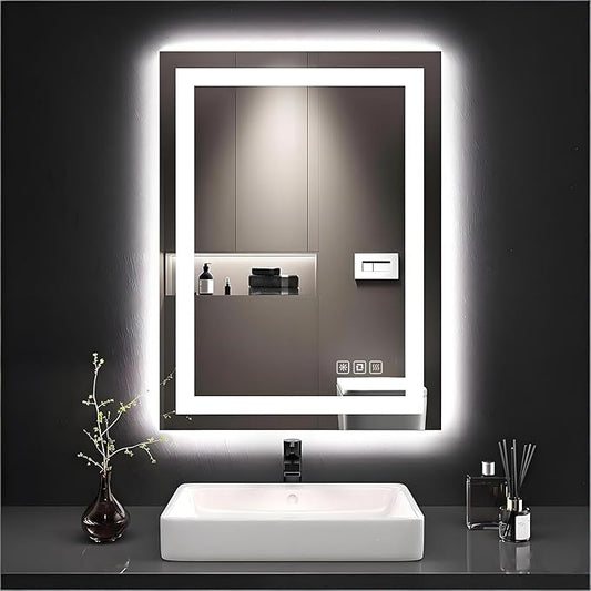 18X24 inches Rectangular LED Bathroom Mirror with Lights, Anti-Fog, Dimmable, Backlit + Front Lit, Lighted Bathroom Vanity Mirror for Wall, Memory Function, Tempered Glass, Shatter-Proof