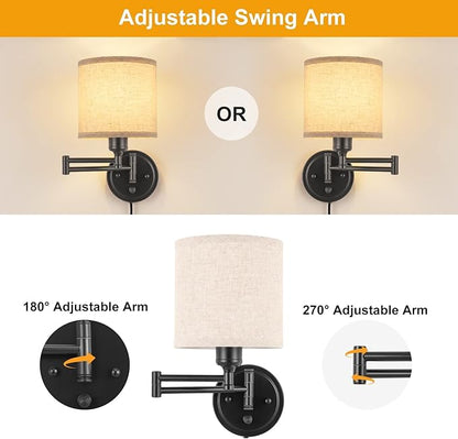 GOODATE ENCOMLI Dimmable Plug in Wall Sconces, Swing Arm Wall Lamp, Wall Sconces Set of Two, Plug in Wall Light, Sconces Wall Decor Set of 2, Linen Fabric Shade, 2pcs Bulbs Included