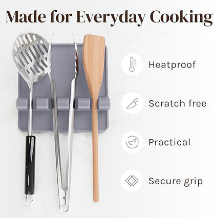 Cooler Kitchen Gray Silicone Spoon Rest for Stove Top with Drip Pad (1 Pack) - Extra Large Heat-Resistant, BPA-Free Utensil Rest for Kitchen Counter - Utensil Holder for Spatulas, Tongs, Ladles