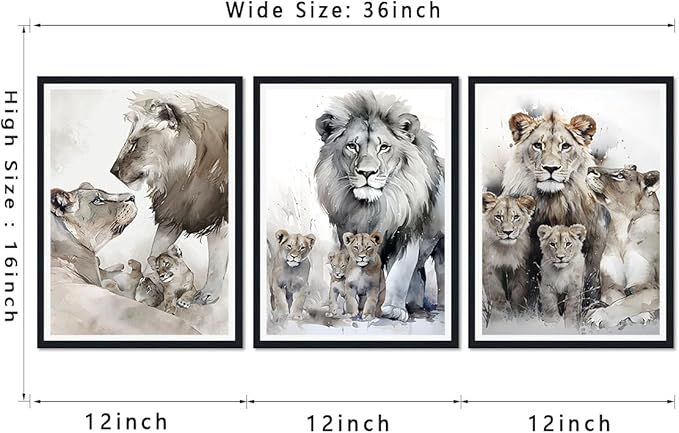 Majestic Lion Framed Canvas Wall Art Warming Lion Family Decor for Country House Apartment Living Room Bedroom Wildlife Animals Portrait Print Artwork Wall Decor Easy to Hand 12x16inchx3pcs