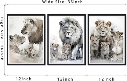 Majestic Lion Framed Canvas Wall Art Warming Lion Family Decor for Country House Apartment Living Room Bedroom Wildlife Animals Portrait Print Artwork Wall Decor Easy to Hand 12x16inchx3pcs