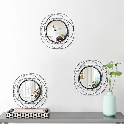 3 Set Black Wall Mirror Black Small Round Decorative Mirrors, Circle Metal Art Mirror Home Decor Bathroom Vanity, Living Room or Bedroom 12”