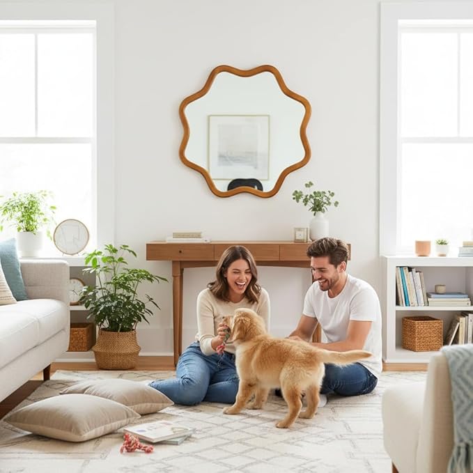 ZIYOO Star Shaped Wall Mirror, Natural Wood Grain Scalloped Edge Decorative Mirror, Boho Accent Mirror for Entryway Bathroom Living Room Bedroom (Wood,28")